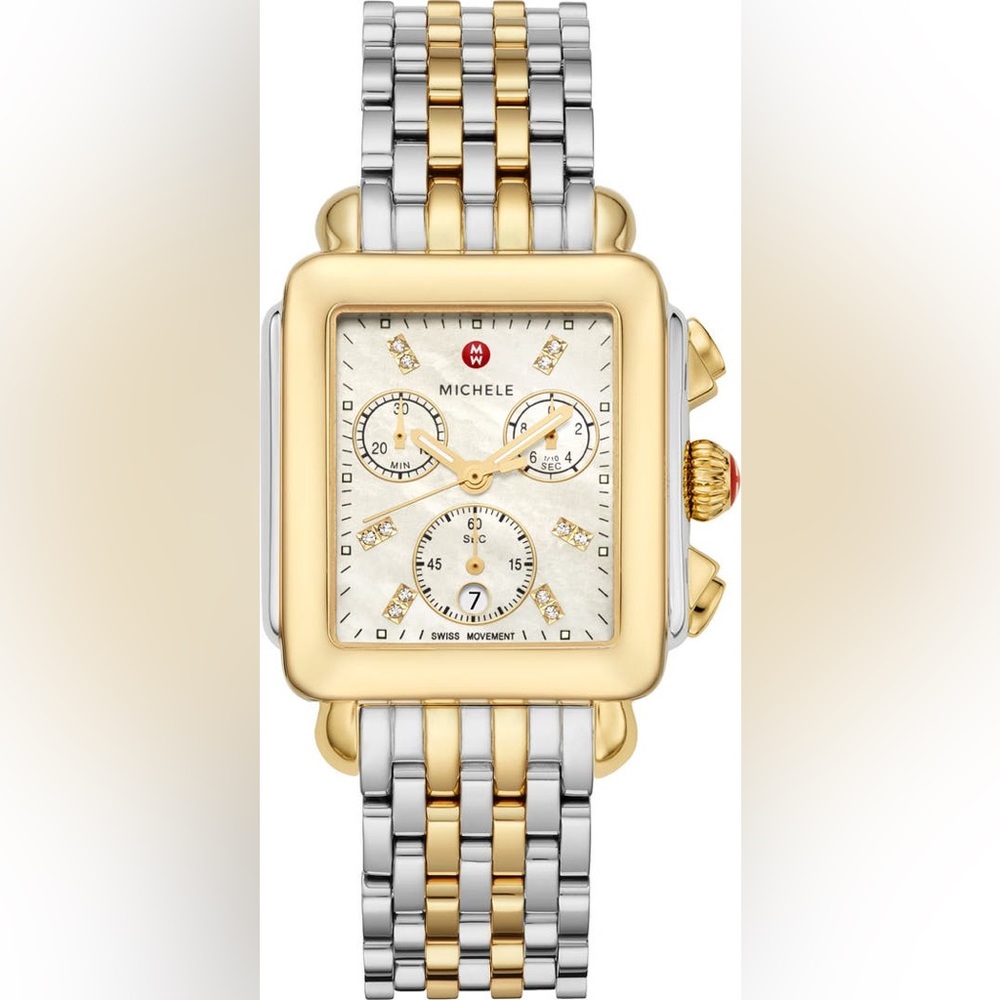 MICHELE Deco Diamond Chronograph Bracelet Watch, 33mm Gold/Silver